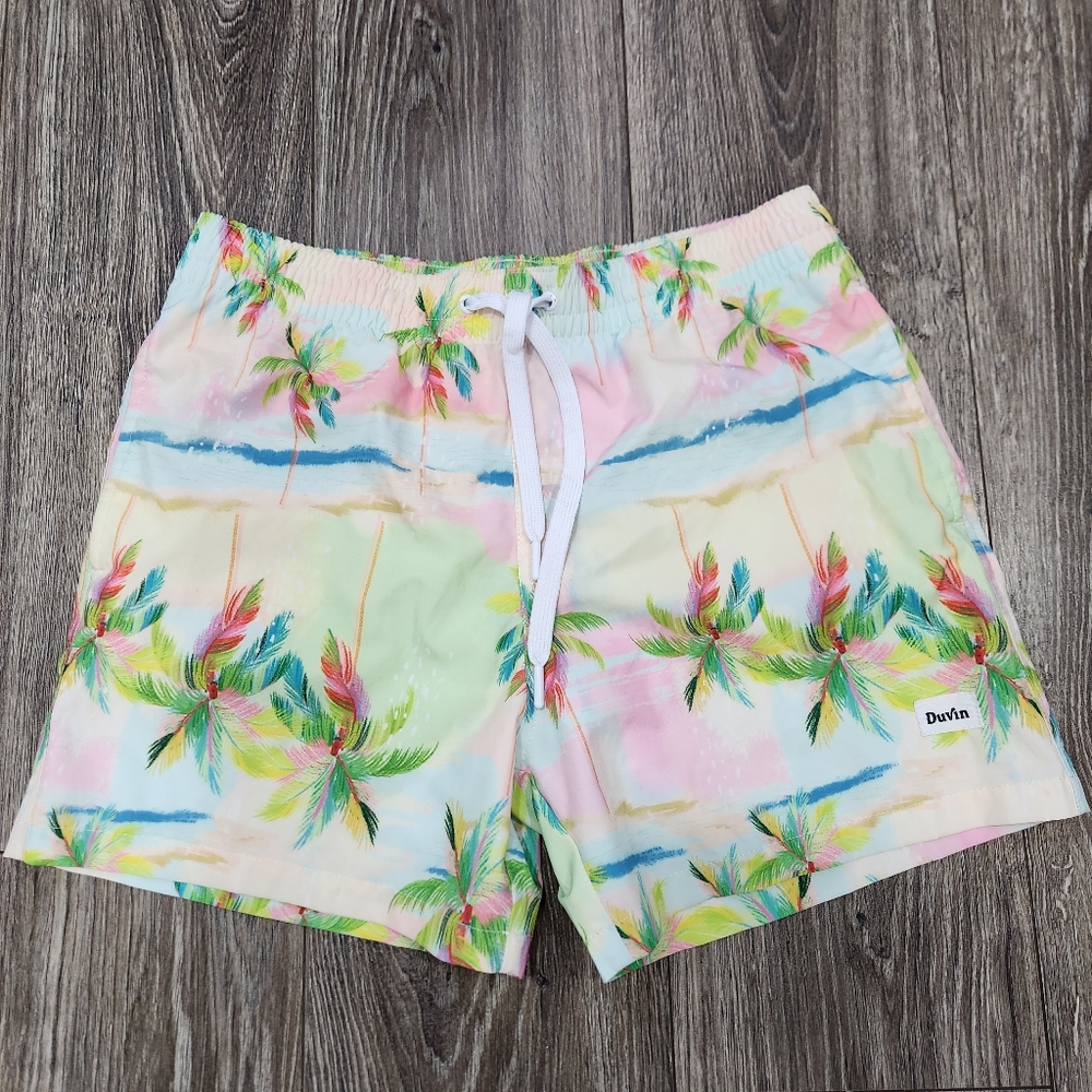 Duvin Design Pastel Palmy Swim Shorts In Green Size Medium